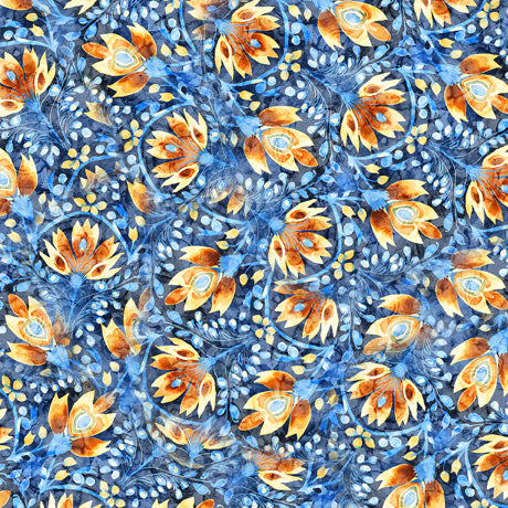 QT Fabrics Midnight Blooms Floral Toss Orange Fabric