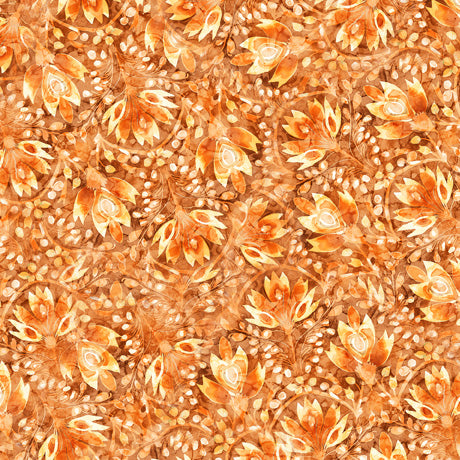 QT Fabrics Midnight Blooms Floral Toss Orange Fabric