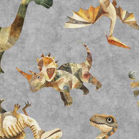 QT Fabrics Dinoroars Dinosaur Toss Gray Fabric