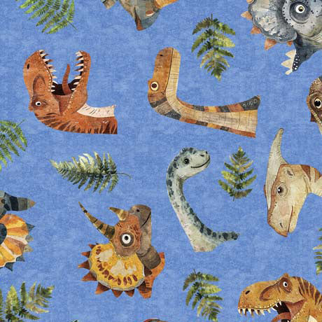 QT Fabrics Dinoroars Dino Heads And Ferns Blue Fabric