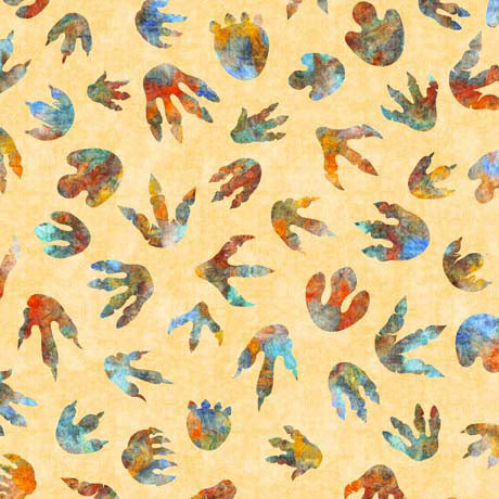 QT Fabrics Dinoroars Dino Tracks Light Gold Fabric