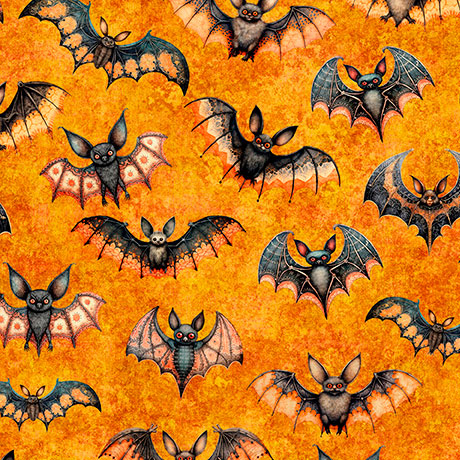 QT Fabrics Jeepers Creepers Bats Orange Fabric