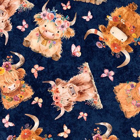 QT Cuties 2 Baby Highland Cows Navy Fabric
