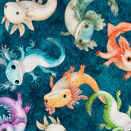 QT Cuties 2 A Lot of Axolotl Teal Fabric