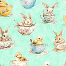 QT Cuties 3 Bunnies And Chicks In Teacup Aqua Fabric