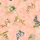 QT Cuties 3 Bunnies And Floral Light Salmon Fabric