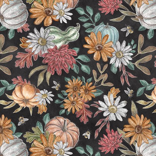 Blank Quilting Late Summer Flowers And Pumpkins Charcoal Fabric