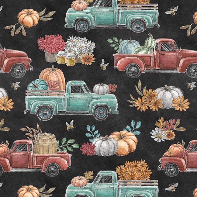 Blank Quilting Late Summer Harvest Trucks With Pumpkins Charcoal Fabric