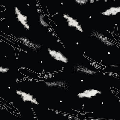 Blank Quilting Let's Glow Crazy Airplanes Glow In The Dark Black Fabric