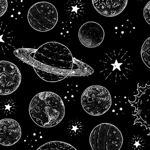 Blank Quilting Let's Glow Crazy Planets Glow In The Dark Black Fabric