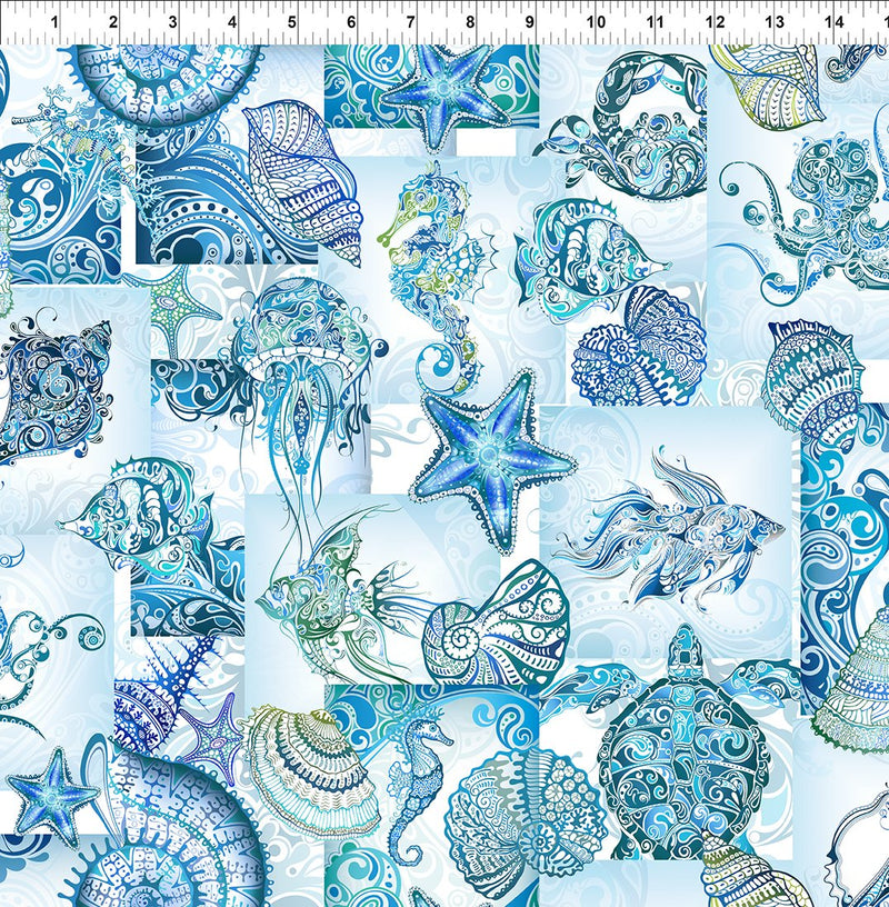 In The Beginning Wonders Of The Ocean Collage Blue Fabric