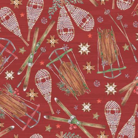 3 Wishes Snowflake Lodge Snowshoes and Sleds Red Fabric