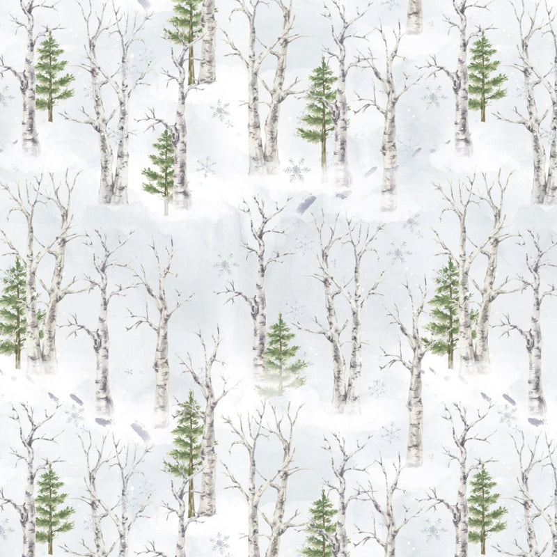 3 Wishes Snowflake Lodge Winter Woods White Fabric