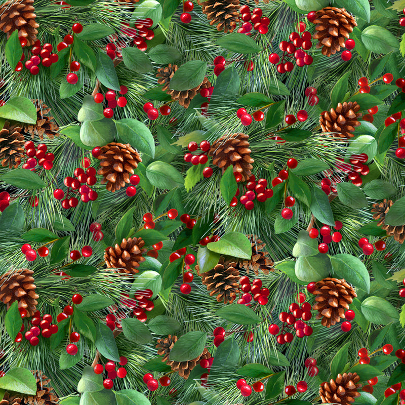 Elizabeth's Studio Birds And Berries Green Fabric