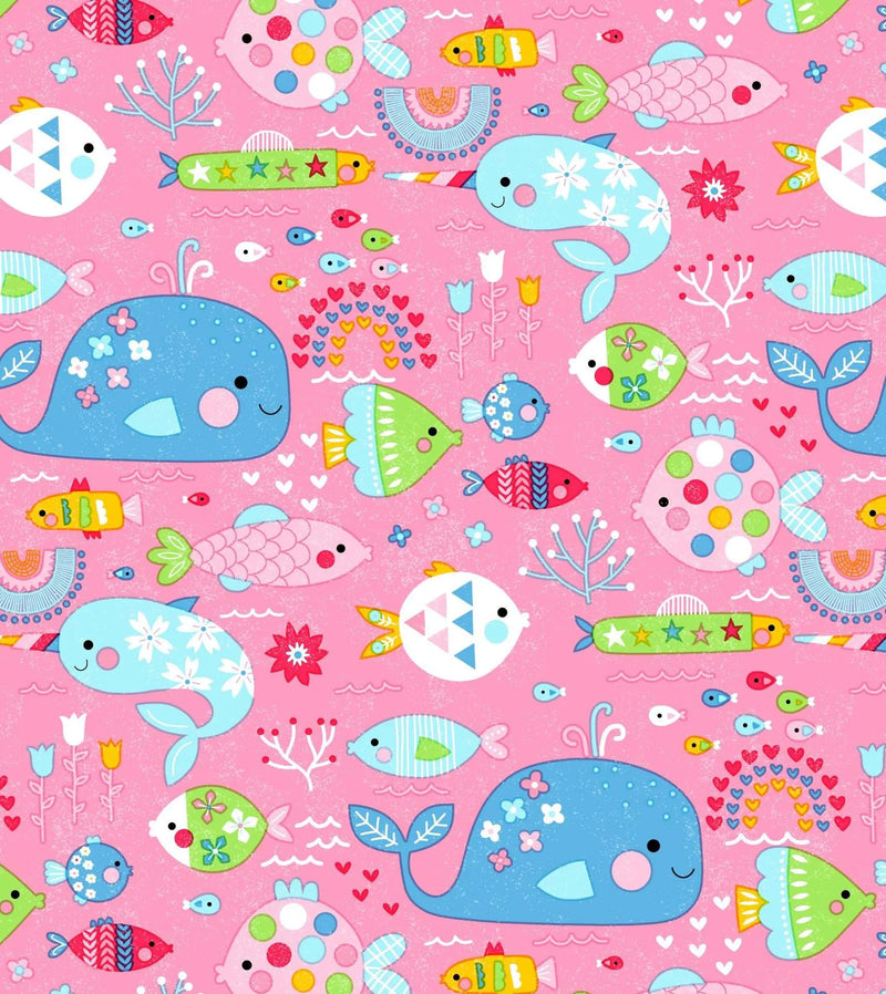 Oasis Fun Flannels Pink Rainbow Fish Fabric