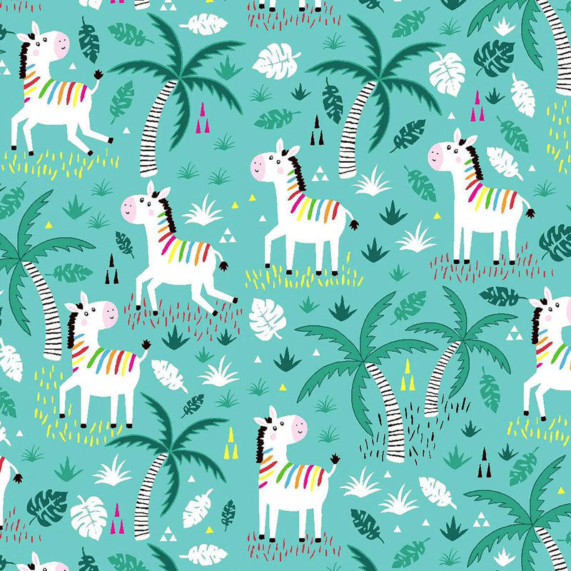 Oasis Fun Flannels Teal Colorful Zebras Fabric