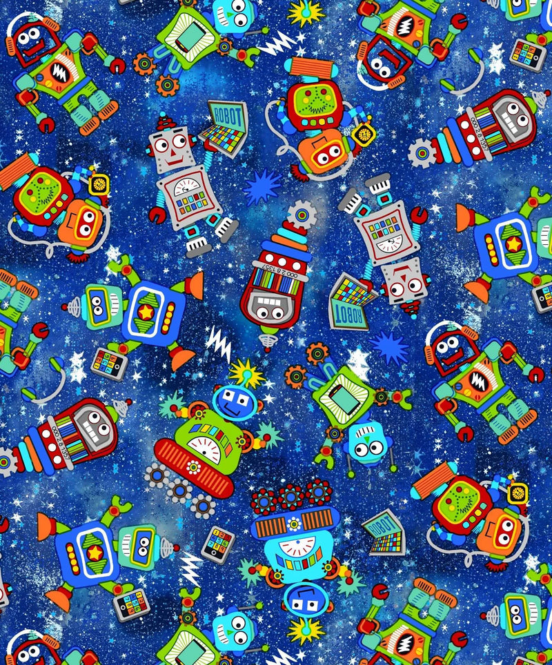 Oasis Fun Flannels Blue Space Robots Fabric