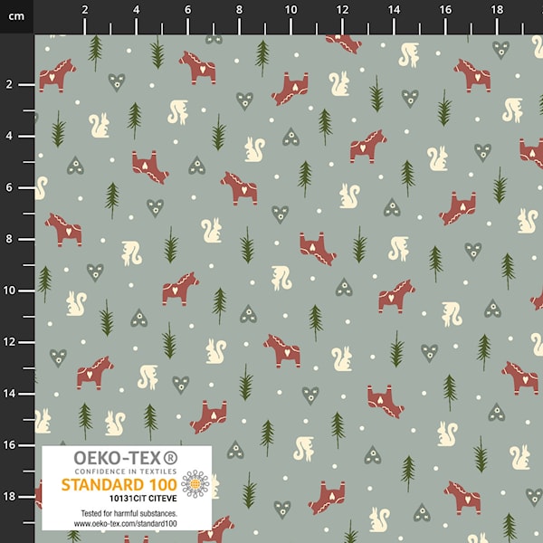 Stof Snow Is Falling Dala Horse Light Gray Fabric