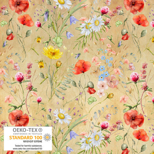 Stof Vintage Windflower Poppies And Other Flower Sand Fabric