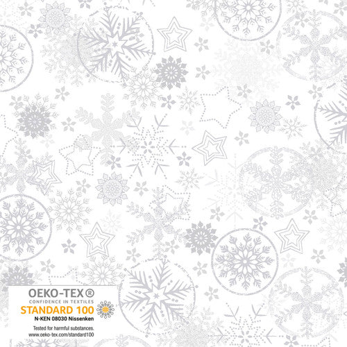 Stof Frosty Snowflake Big Snowflakes White Silver Fabric