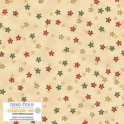 Stof Frosty Snowflake Poinsettia Beige Gold Fabric