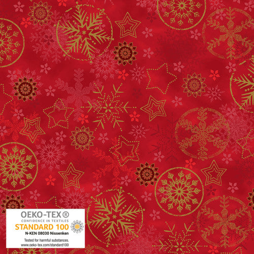 Stof Frosty Snowflake Big Snowflakes Red Gold Fabric