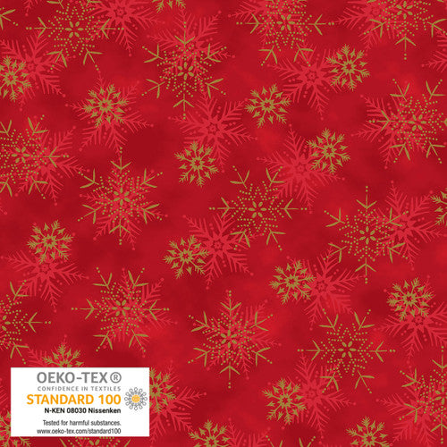 Stof Frosty Snowflake Medium Snowflakes Red Gold Fabric