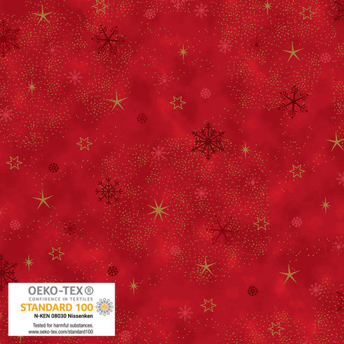 Stof Frosty Snowflake Snowflakes And Sprinkles Red Gold Fabric