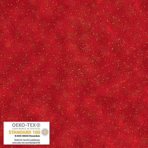 Stof Frosty Snowflake Sprinkles Red Gold Fabric
