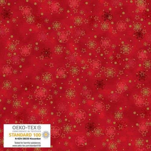 Stof Frosty Snowflake Small Snowflakes Red Gold Fabric