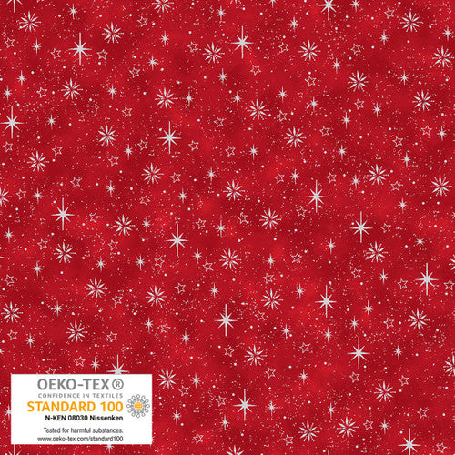 Stof Frosty Snowflake Tiny Stars Red Silver Fabric