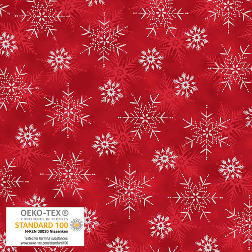 Stof Frosty Snowflake Medium Snow Flakes Red Silver Fabric