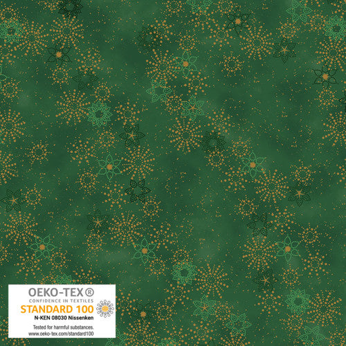 Stof Frosty Snowflake Dotted Stars Green Gold Fabric