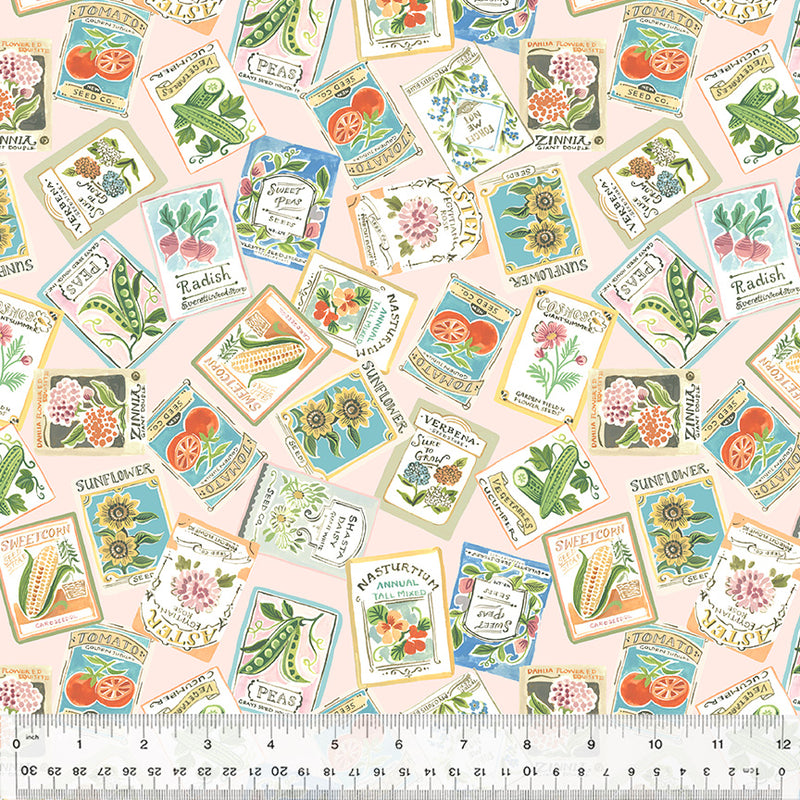 Windham Fabrics Robin's Nest Seed Packets Blush Fabric