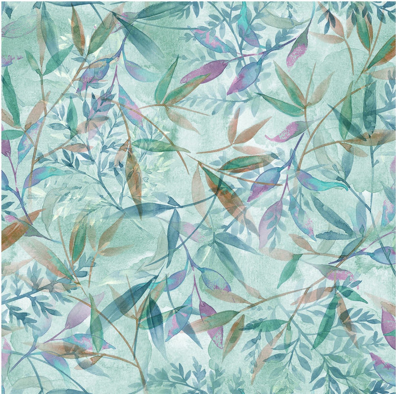 Oasis Fabrics Mystic Nature 2 Leaves Aqua Fabric