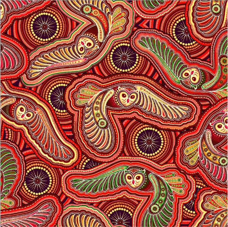 Oasis Fabrics Sahul Land Orange Owls Fabric