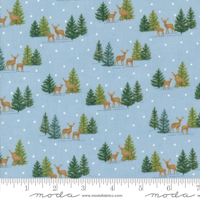 Moda Woodland Winter Tiny Tree Deer Sky Blue Fabric