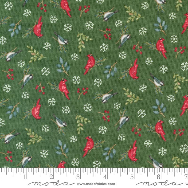 Moda Woodland Winter Winter Birds Pine Green Fabric