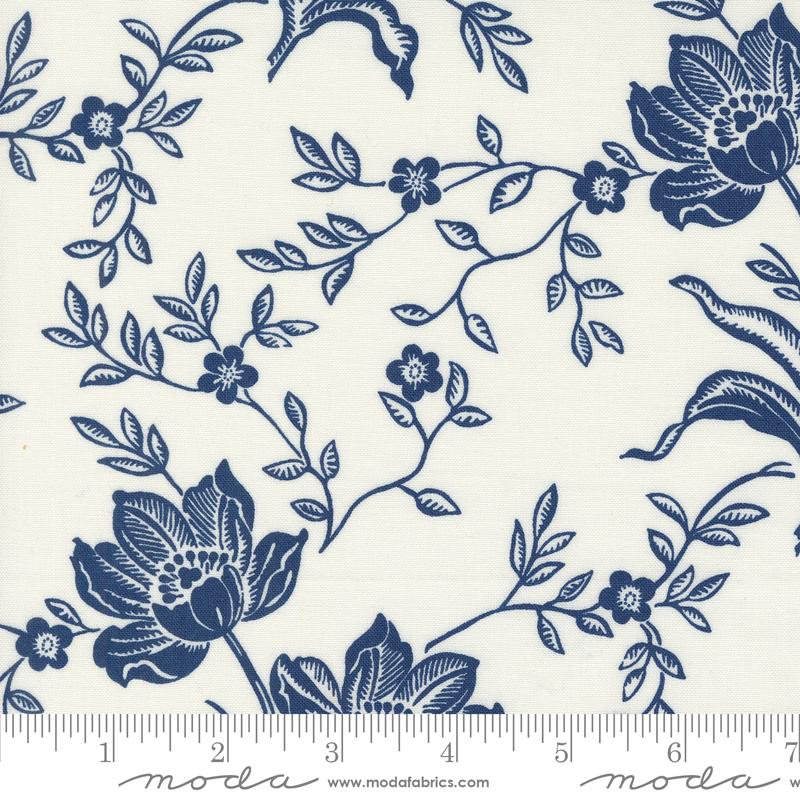 Moda Denim And Daisies Woodcut Bloom Ivory Midnight Jeans Fabric