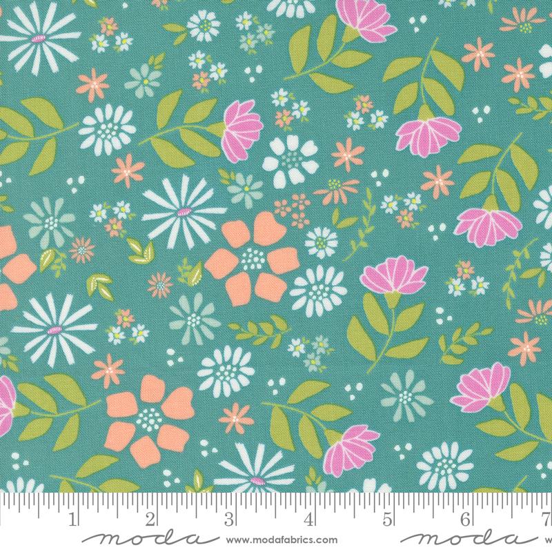 Moda Laguna Sunrise Wild Rose Florals Teal Fabric