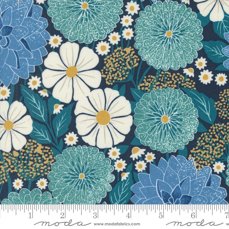 Moda Field Of Flowers Dahlias And Zinnias Navy Fabric