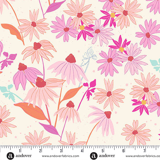 Andover Petals And Stitches Echinacea Cream Fabric