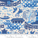 Moda Legendary Love Pagoda Landscape Porcelain Navy Fabric