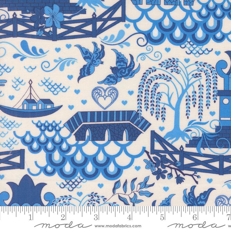 Moda Legendary Love Pagoda Landscape Porcelain Navy Fabric