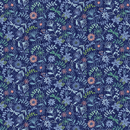 Studio E Bell Blue Birds Indigo Tiny Flowers Fabric