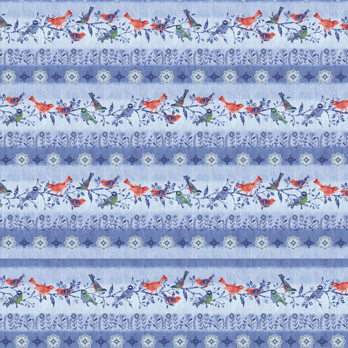 Studio E Bell Blue Birds Light Blue Border Stripe Fabric