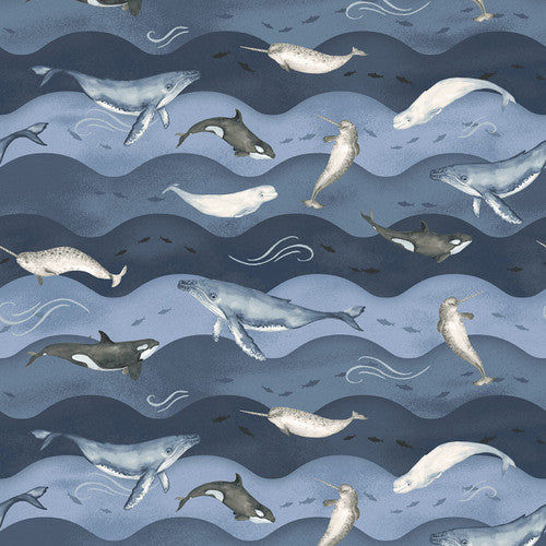 Studio E Polar Plungers Whales And Waves Navy Fabric