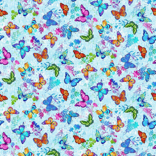 Studio E Hummingbird Messenger Butterflies Light Blue Fabric