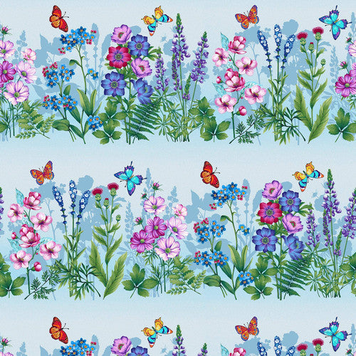 Studio E Hummingbird Messenger Wildflower Border Light Blue Fabric