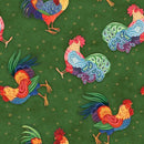 SW Calico Red Rooster Toss Green Fabric